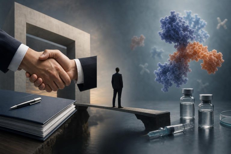 Illustration éditoriale générée par IA pour l’article « AbbVie boucle Apogee : 10,9 milliards actés, mais un pari clinique encore à dérouler ».