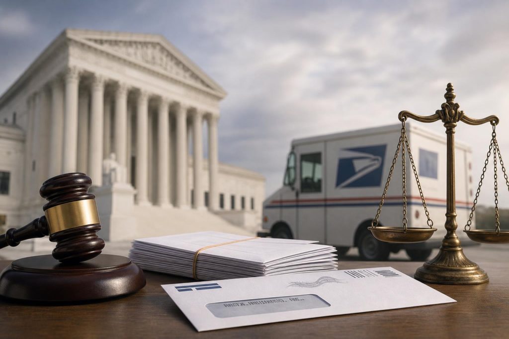 Illustration éditoriale générée par IA pour l’article « Vote par courrier aux États-Unis : la justice maintient provisoirement le gel de la règle postale, malgré un précédent feu orange de la Cour suprême ».