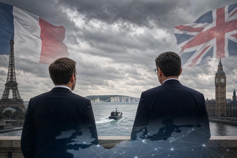 Illustration éditoriale générée par IA pour l’article « À Londres, Macron et Burnham affichent la relance franco-britannique, mais les annonces concrètes restent limitées ».