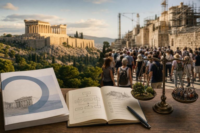 Illustration éditoriale générée par IA pour l’article « Patrimoine mondial: le nouveau guide de l’UNESCO promet un cap, mais pas de miracle pour les sites sous pression ».