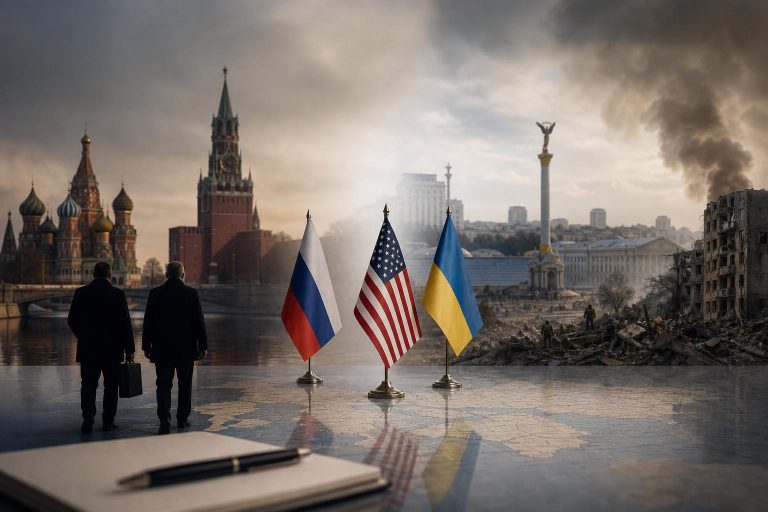 Illustration éditoriale générée par IA pour l’article « Émissaires américains attendus à Moscou et Kyiv: annonce de relance, calendrier flou et guerre sans pause ».