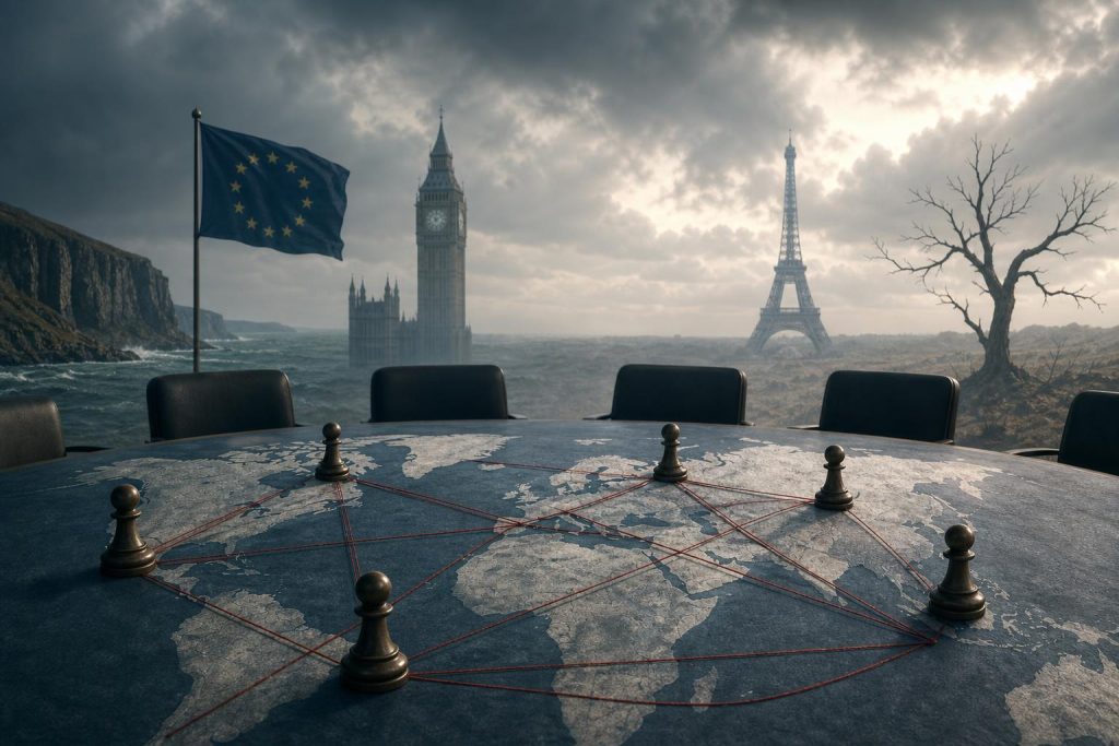 Illustration éditoriale générée par IA pour l’article « Le temps des institutions en deçà ».