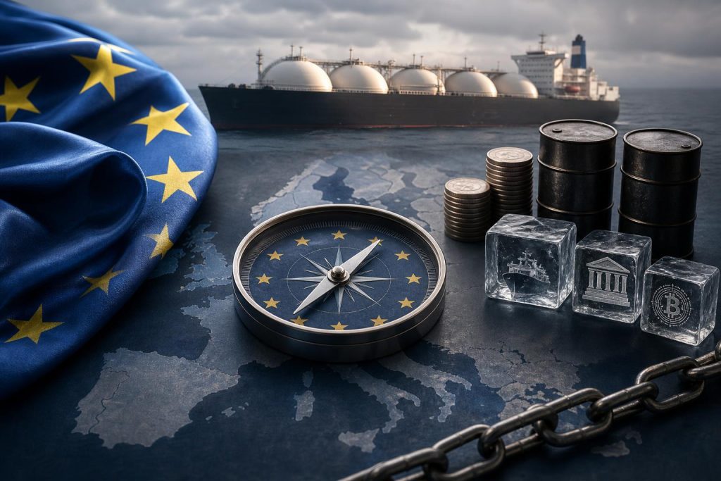 Illustration éditoriale générée par IA pour l’article « Sanctions de l’UE contre la Russie : ce que contient vraiment le 21e paquet, entre durcissement affiché et compromis assumés ».