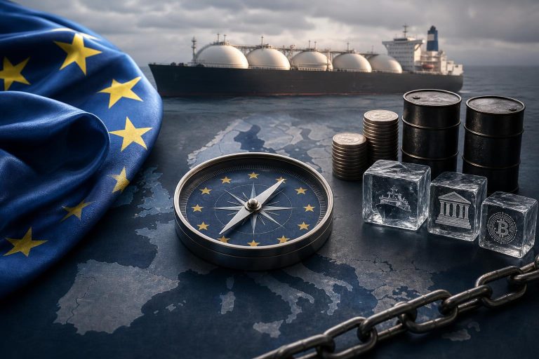 Illustration éditoriale générée par IA pour l’article « Sanctions de l’UE contre la Russie : ce que contient vraiment le 21e paquet, entre durcissement affiché et compromis assumés ».