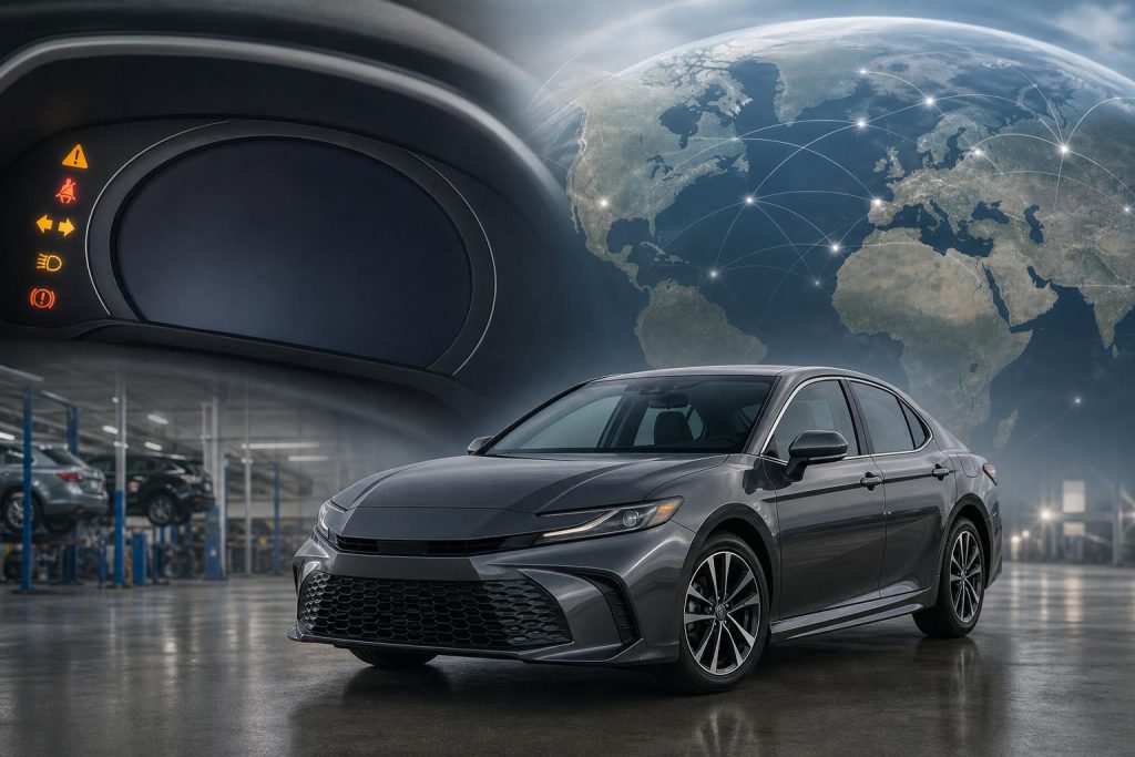 Illustration éditoriale générée par IA pour l’article « Toyota rappelle plus de 508 000 Camry Hybrid aux États-Unis, environ 655 000 dans le monde selon AP ».
