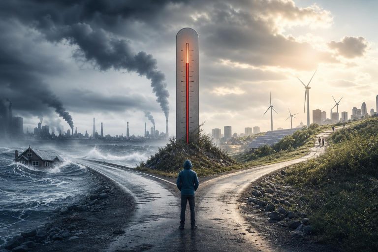Illustration éditoriale générée par IA pour l’article « Climat : ce que dit vraiment le PNUE quand il acte un probable dépassement de 1,5 °C ».