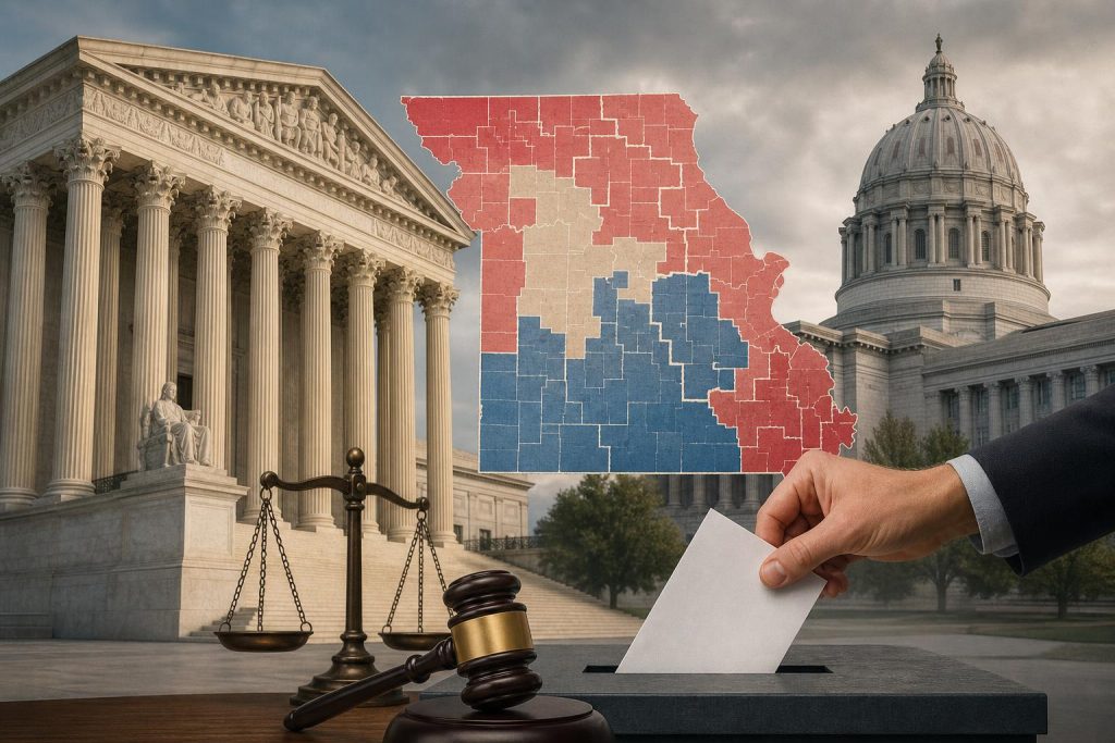Illustration éditoriale générée par IA pour l’article « Missouri: la justice impose un référendum sur la nouvelle carte électorale, celle de 2022 reste en vigueur pour novembre ».