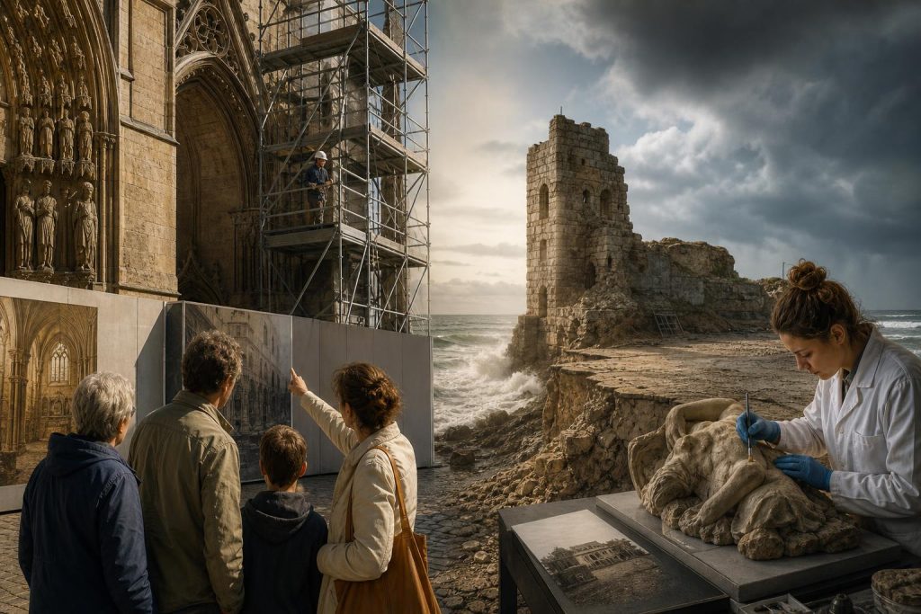 Illustration éditoriale générée par IA pour l’article « Journées du patrimoine 2026 : en France, que recouvre vraiment le mot d’ordre sur le « patrimoine en péril » ? ».