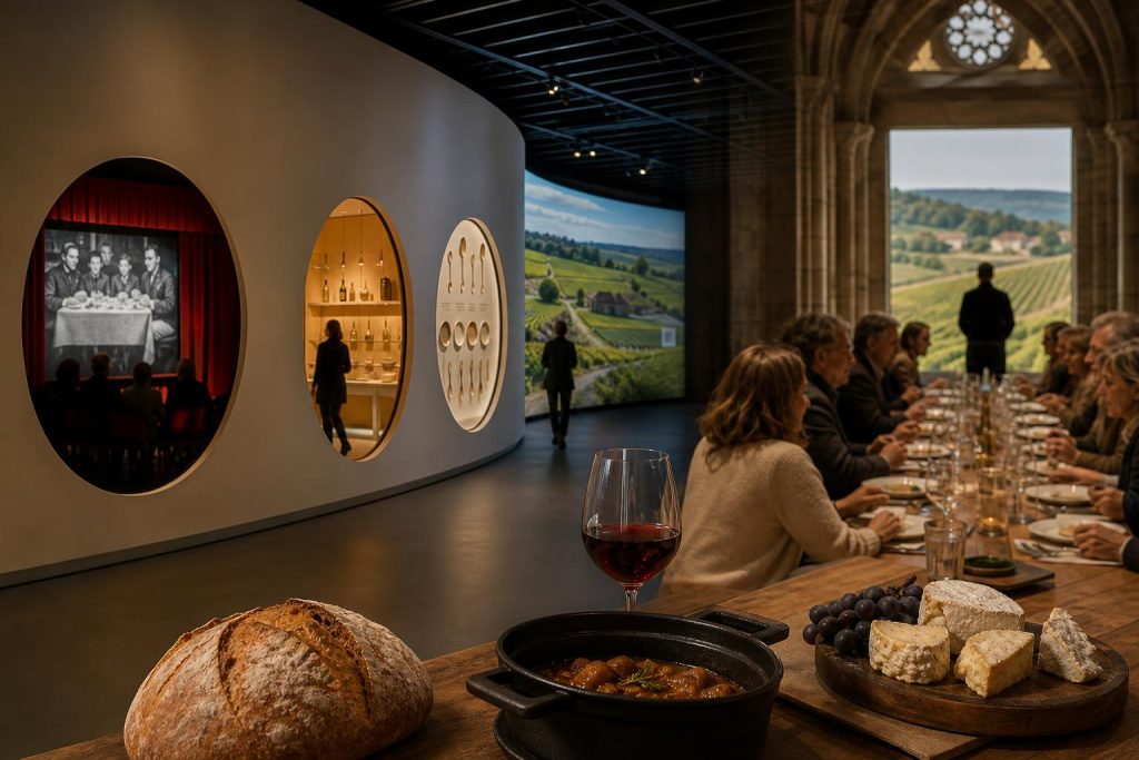 Illustration éditoriale générée par IA pour l’article « À Dijon, le patrimoine gastronomique entre exposition, territoire et récit national ».