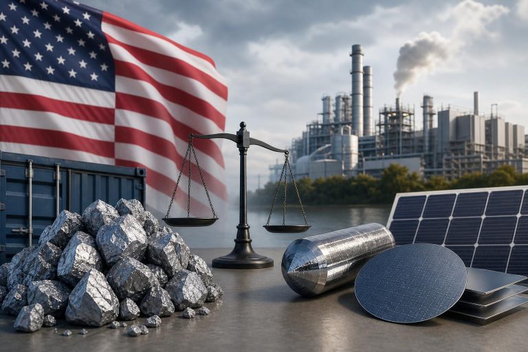 Illustration éditoriale générée par IA pour l’article « Les mesures américaines sur le polysilicium mettent-elles Wacker Tennessee en danger ? Ce que l’on sait, et ce qui manque encore ».