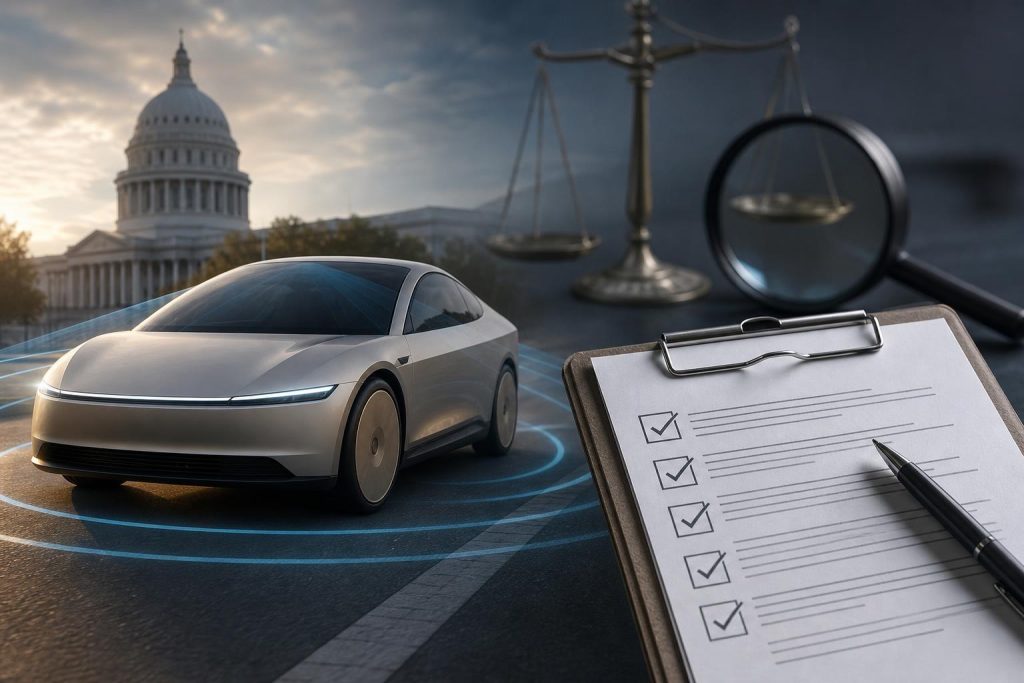 Illustration éditoriale générée par IA pour l’article « Cybercab de Tesla: ce que la NHTSA cherche vraiment dans son enquête sur l’auto-certification ».