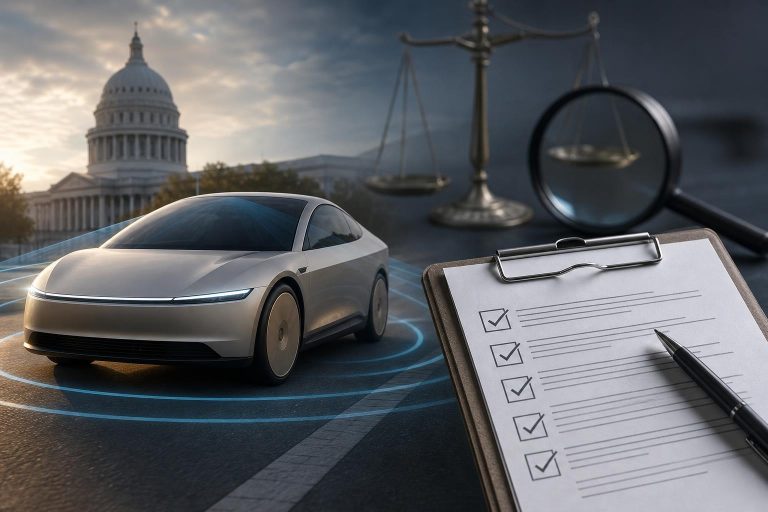 Illustration éditoriale générée par IA pour l’article « Cybercab de Tesla: ce que la NHTSA cherche vraiment dans son enquête sur l’auto-certification ».