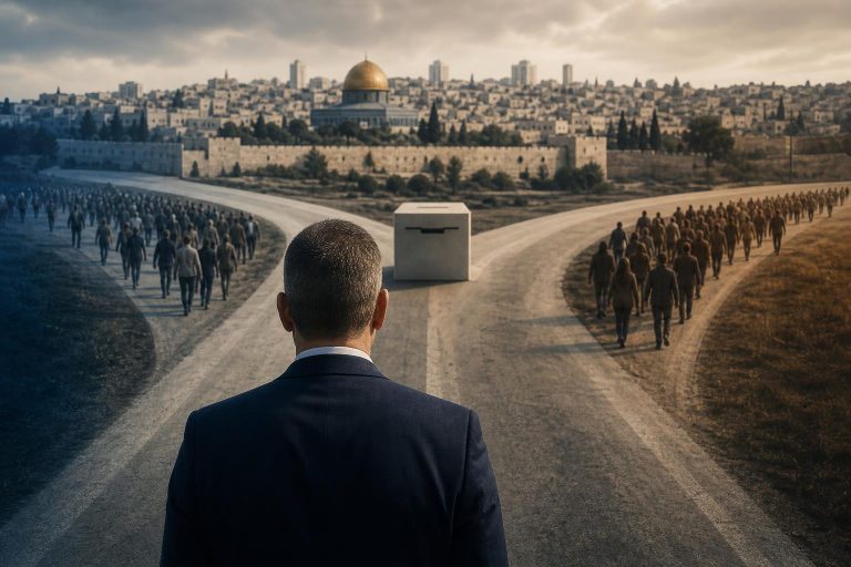 Illustration éditoriale générée par IA pour l’article « En Israël, le retrait de Unity est acté, pas encore ses effets électoraux ».