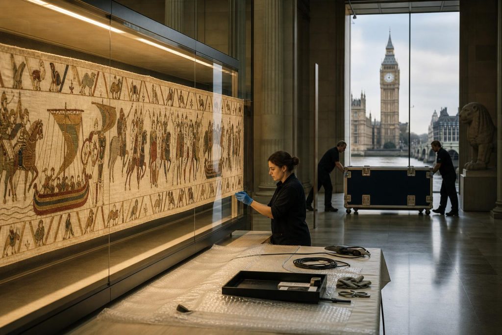 Illustration éditoriale générée par IA pour l’article « Tapisserie de Bayeux à Londres : ce que l’on sait du prêt, de son calendrier et de ses lectures opposées ».