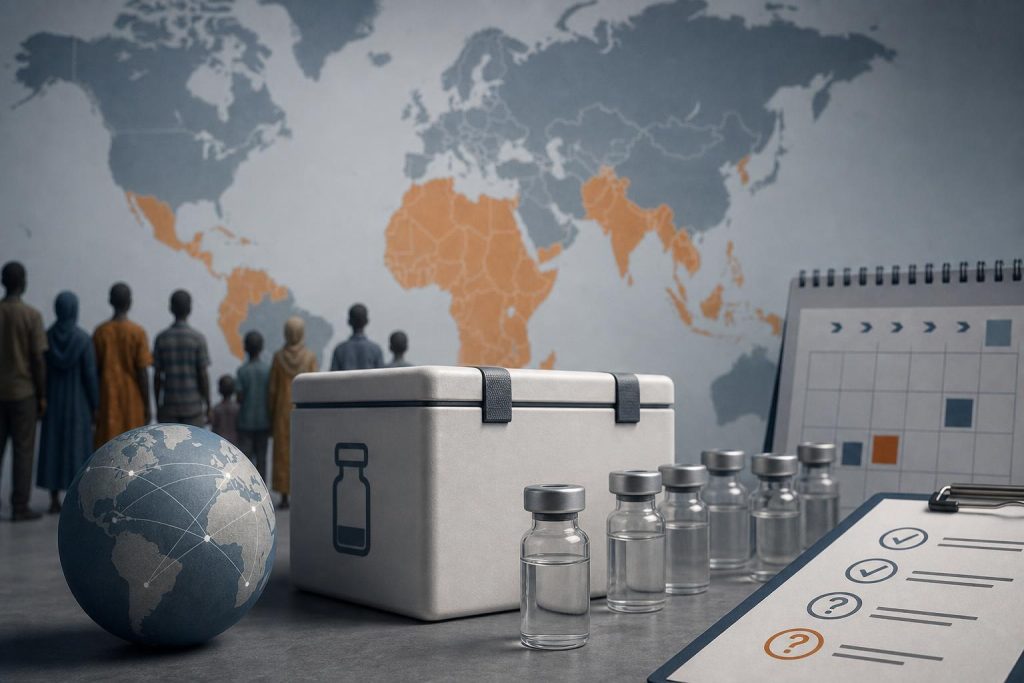 Illustration éditoriale générée par IA pour l’article « Stock mondial contre le mpox : une promesse d’équité encore floue sur les doses, les règles et le calendrier ».