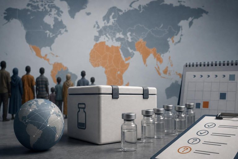 Illustration éditoriale générée par IA pour l’article « Stock mondial contre le mpox : une promesse d’équité encore floue sur les doses, les règles et le calendrier ».