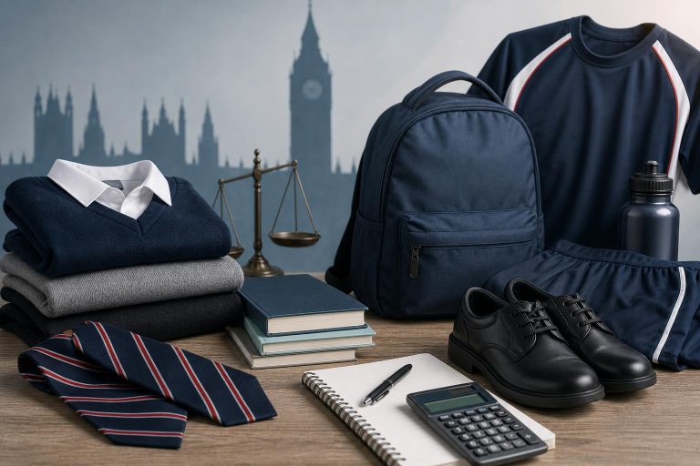 Illustration éditoriale générée par IA pour l’article « Uniformes scolaires en Angleterre : ce que le gouvernement britannique change vraiment ».