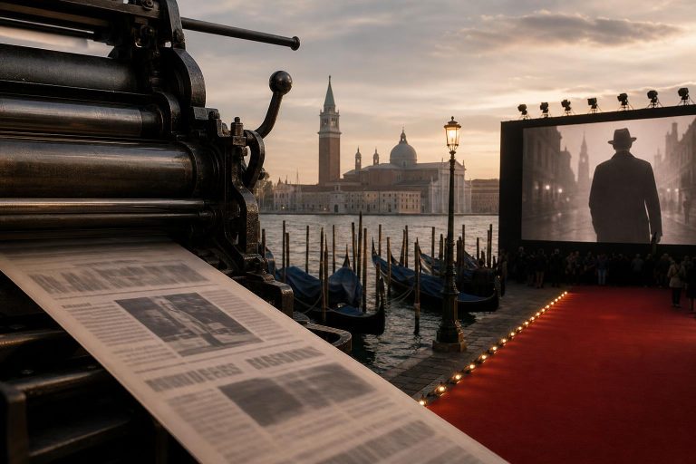 Illustration éditoriale générée par IA pour l’article « À Venise, « Ink » ouvre la Mostra entre prestige officiel et débat sur le tabloïd moderne ».