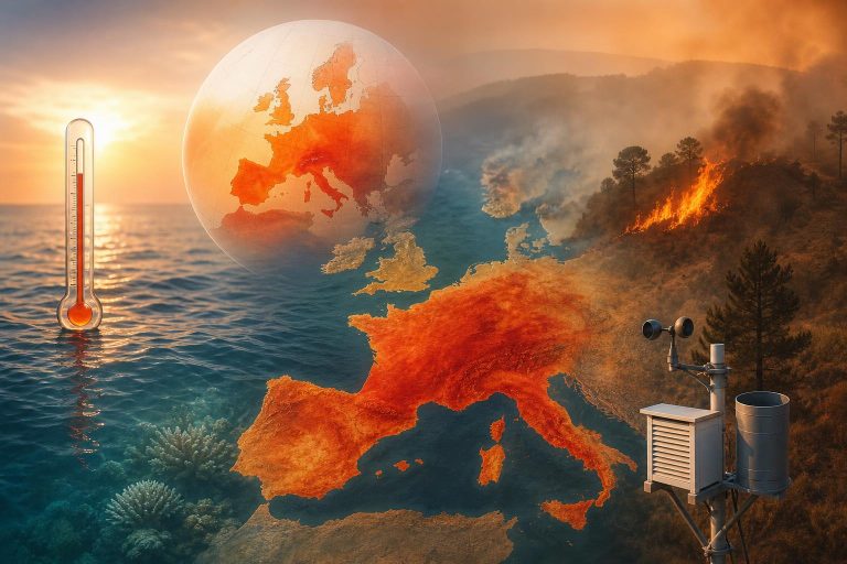 Illustration éditoriale générée par IA pour l’article « Records de chaleur en Europe de l’Ouest : ce que disent vraiment Copernicus, les agences publiques et les études d’attribution ».