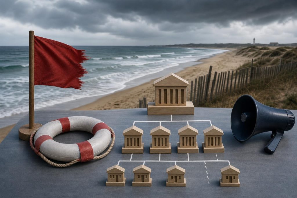 Illustration éditoriale générée par IA pour l’article « Alerte maximale aux baïnes : un message officiel fort, un relais local inégalement documenté ».