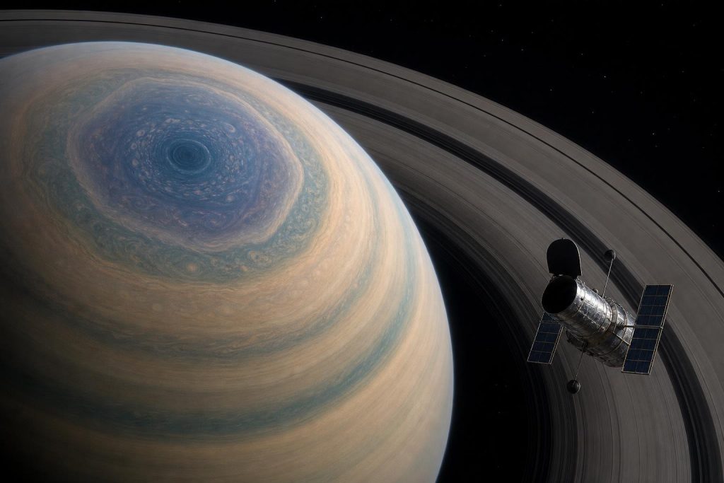 Illustration éditoriale générée par IA pour l’article « Autour du pôle Sud de Saturne, ce que montrent vraiment les nouvelles images de Hubble ».