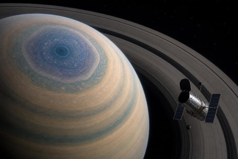 Illustration éditoriale générée par IA pour l’article « Autour du pôle Sud de Saturne, ce que montrent vraiment les nouvelles images de Hubble ».