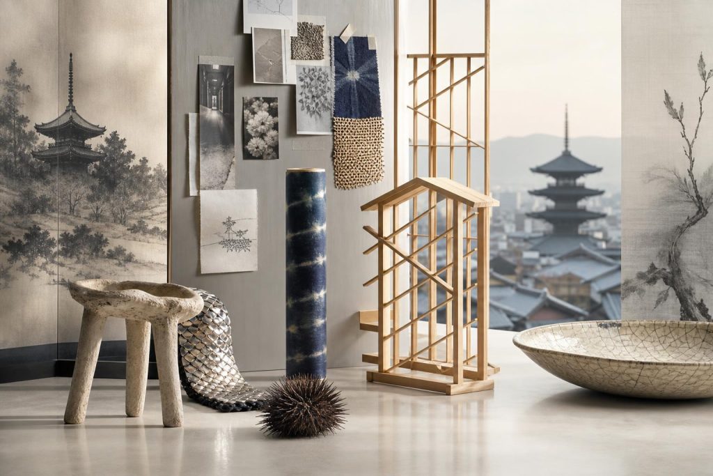 Illustration éditoriale générée par IA pour l’article « Au MAD, un aller-retour avec Kyoto encore plus documenté pour certains designers que pour d’autres ».