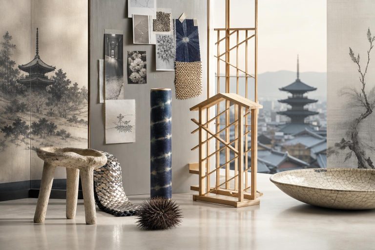 Illustration éditoriale générée par IA pour l’article « Au MAD, un aller-retour avec Kyoto encore plus documenté pour certains designers que pour d’autres ».