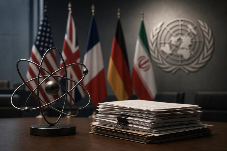 Illustration éditoriale générée par IA pour l’article « Iran : à l’AIEA, un projet occidental de renvoi à l’ONU existe bien, mais son sort reste incertain ».
