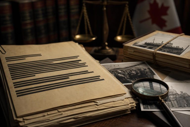 Illustration éditoriale générée par IA pour l’article « Rapport Rodal : ce que l’on sait, et ce qu’il reste à vérifier, sur l’ordonnance de divulgation de la Cour fédérale canadienne ».